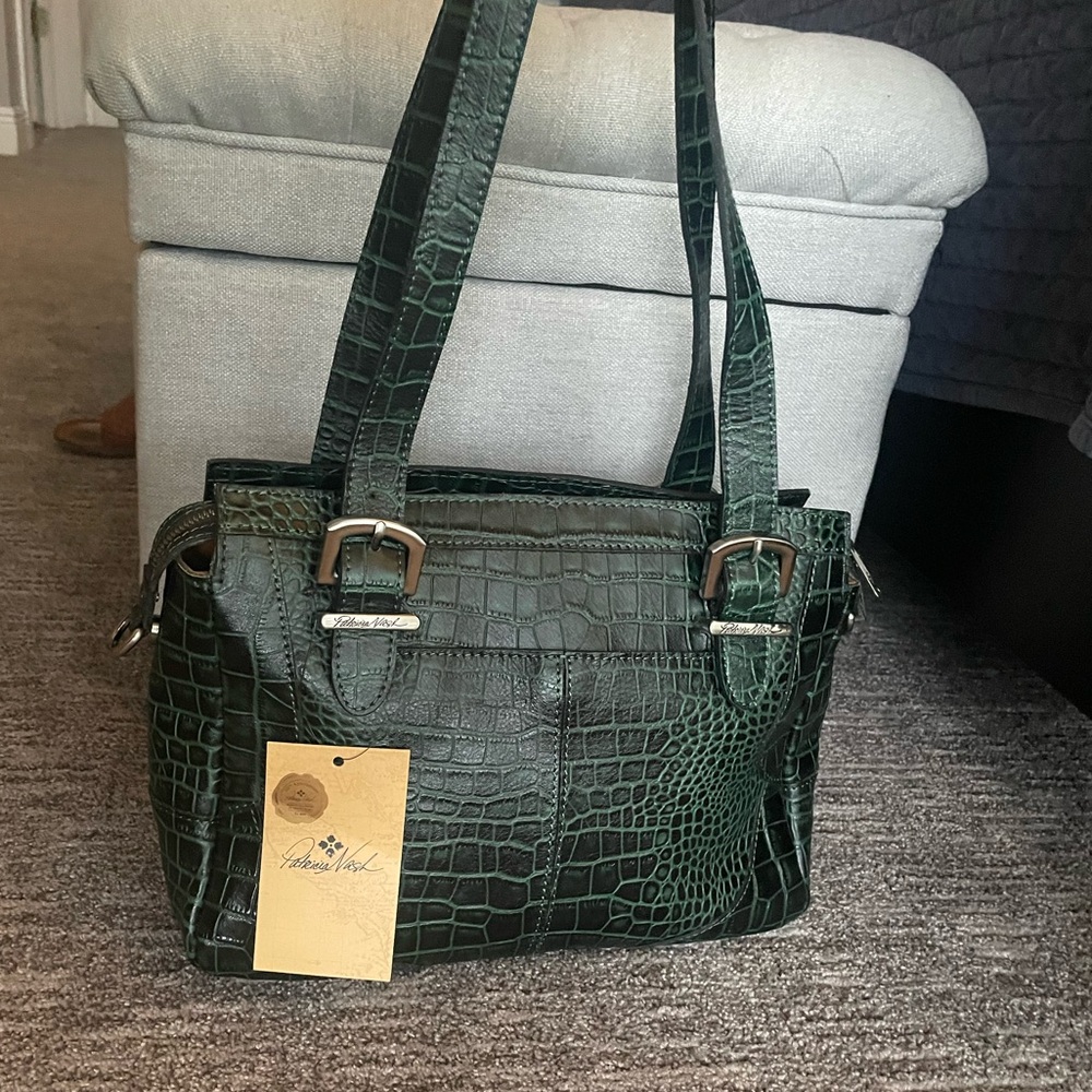 New Patricia Nash Hemsley Dark Green Croco-Distressed Leather Satchel Handbag
